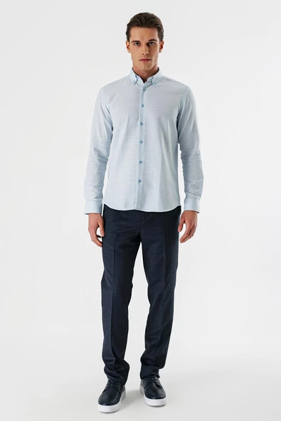 Koyu Mavi Uzun Kollu Desenli Armürlü Düğmeli Yaka Cepsiz %100 Pamuk Slim Fit Gömlek 1004240175 - Resim 4