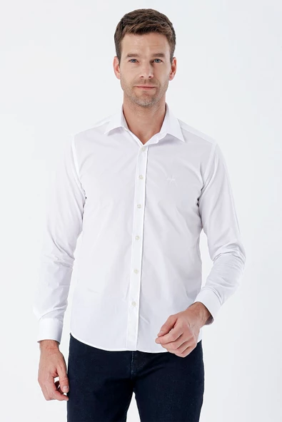 Beyaz Uzun Kollu Bez Ayağı Sert Yaka Cepsiz Pamuklu Basic Slim Fit Dar Kesim Gömlek 1004235357