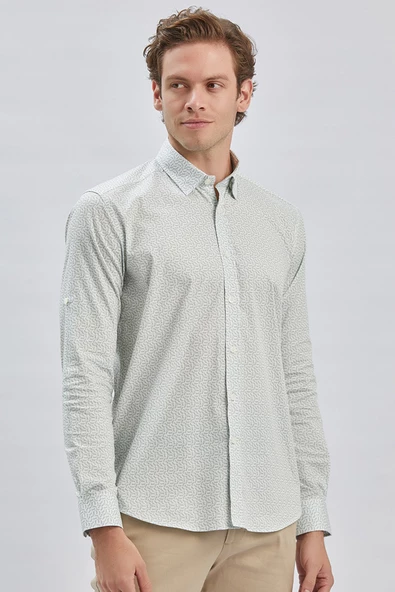 Koyu Haki Kısalabilir Kol Baskılı Cepsiz %97 Pamuk %3 Elastane Klasik Slim Fit Gömlek 1004240116 - Resim 6