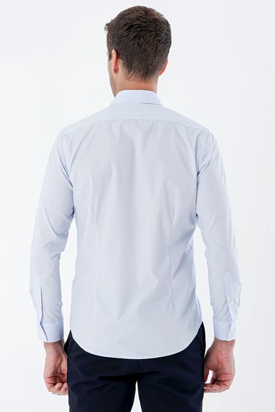 Koyu Mavi Uzun Kollu Bez Ayağı Sert Yaka Cepsiz Pamuklu Basic Slim Fit Dar Kesim Gömlek 1004235357 - Resim 6