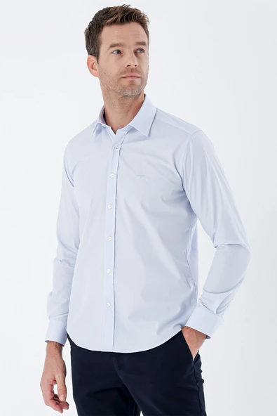 Koyu Mavi Uzun Kollu Bez Ayağı Sert Yaka Cepsiz Pamuklu Basic Slim Fit Dar Kesim Gömlek 1004235357 - Resim 3