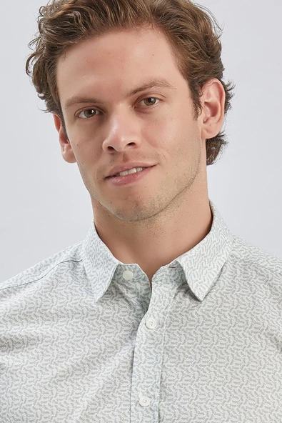 Koyu Haki Kısalabilir Kol Baskılı Cepsiz %97 Pamuk %3 Elastane Klasik Slim Fit Gömlek 1004240116 - Resim 8