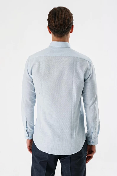 Koyu Mavi Uzun Kollu Desenli Armürlü Düğmeli Yaka Cepsiz %100 Pamuk Slim Fit Gömlek 1004240175 - Resim 6