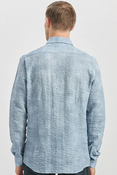 Koyu Mavi Uzun Kollu Baskılı Gofreli Cepsiz Pamuklu Likralı Slim Fit Gömlek 1004240100 - 6
