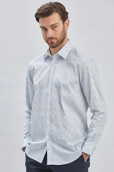 Koyu Mavi Uzun Kollu Baskılı  Sert Yaka Cepli Klasik Comfort Fit Gömlek 1004240107 - Resim 4