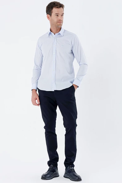 Koyu Mavi Uzun Kollu Bez Ayağı Sert Yaka Cepsiz Pamuklu Basic Slim Fit Dar Kesim Gömlek 1004235357 - Resim 4
