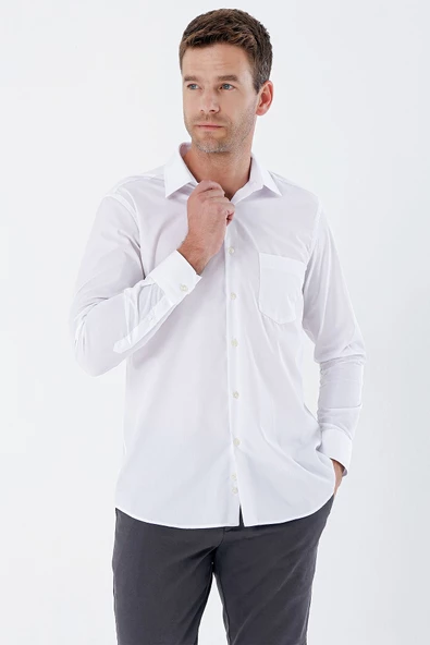 Beyaz Uzun Kollu Bez Ayağı Sert Yaka Cepli Pamuklu Comfort Fit Rahat Kesim Gömlek 1004235351 - Resim 2