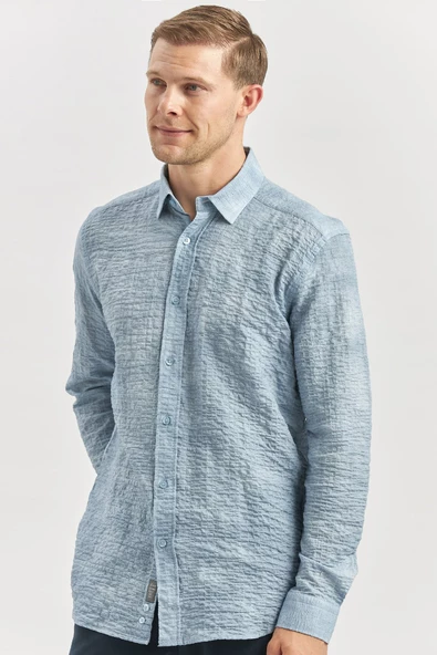 Koyu Mavi Uzun Kollu Baskılı Gofreli Cepsiz Pamuklu Likralı Slim Fit Gömlek 1004240100 - 3