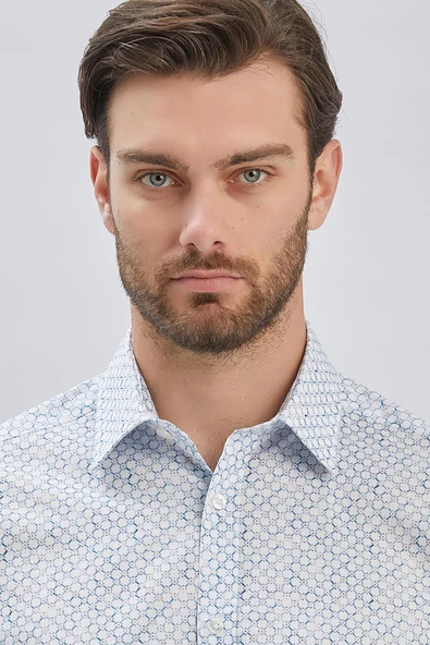 Koyu Mavi Uzun Kollu Baskılı  Sert Yaka Cepli Klasik Comfort Fit Gömlek 1004240107 - Resim 3