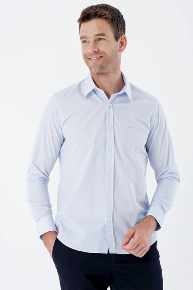 Koyu Mavi Uzun Kollu Bez Ayağı Sert Yaka Cepsiz Pamuklu Basic Slim Fit Dar Kesim Gömlek 1004235357 - Resim 2
