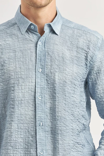 Koyu Mavi Uzun Kollu Baskılı Gofreli Cepsiz Pamuklu Likralı Slim Fit Gömlek 1004240100 - 5