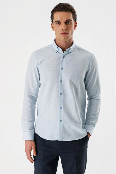 Koyu Mavi Uzun Kollu Desenli Armürlü Düğmeli Yaka Cepsiz %100 Pamuk Slim Fit Gömlek 1004240175