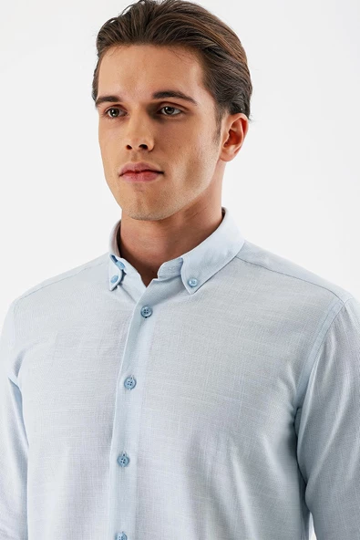 Koyu Mavi Uzun Kollu Desenli Armürlü Düğmeli Yaka Cepsiz %100 Pamuk Slim Fit Gömlek 1004240175 - Resim 5