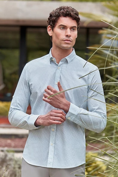 Koyu Haki Kısalabilir Kol Baskılı Cepsiz %97 Pamuk %3 Elastane Klasik Slim Fit Gömlek 1004240116 - Resim 2