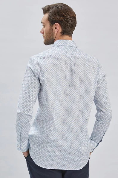 Koyu Mavi Uzun Kollu Baskılı  Sert Yaka Cepli Klasik Comfort Fit Gömlek 1004240107 - Resim 6