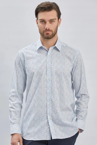 Koyu Mavi Uzun Kollu Baskılı  Sert Yaka Cepli Klasik Comfort Fit Gömlek 1004240107 - Resim 5