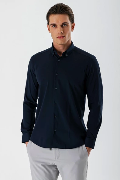 Koyu Lacivert Uzun Kollu Bez Ayağı Düğmeli Yaka Cepsiz Pamuklu Likralı Slim Fit Gömlek 1004240176