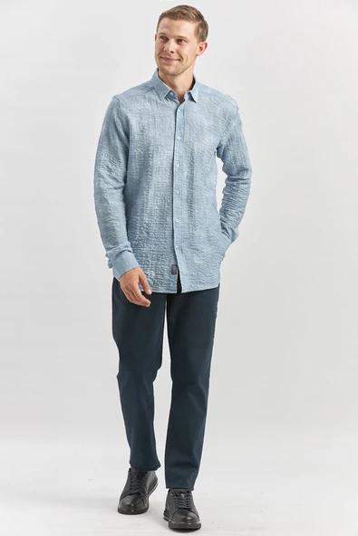 Koyu Mavi Uzun Kollu Baskılı Gofreli Cepsiz Pamuklu Likralı Slim Fit Gömlek 1004240100 - 4