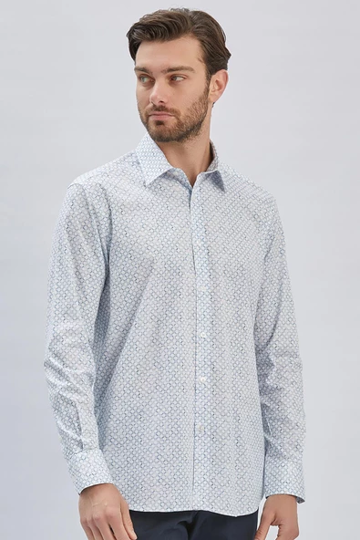 Koyu Mavi Uzun Kollu Baskılı  Sert Yaka Cepli Klasik Comfort Fit Gömlek 1004240107 - Resim 2