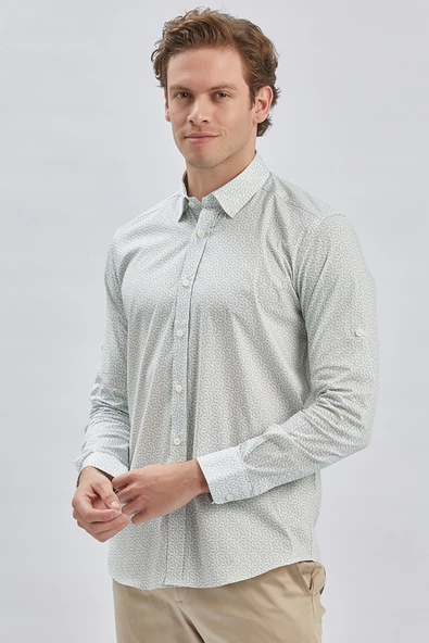Koyu Haki Kısalabilir Kol Baskılı Cepsiz %97 Pamuk %3 Elastane Klasik Slim Fit Gömlek 1004240116 - Resim 4