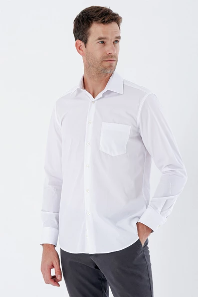 Beyaz Uzun Kollu Bez Ayağı Sert Yaka Cepli Pamuklu Comfort Fit Rahat Kesim Gömlek 1004235351 - Resim 3