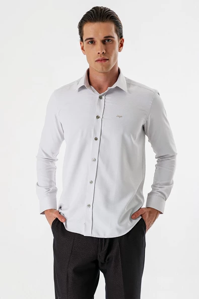 Açık Bej Uzun Kollu Desenli Armürlü Sert Yaka Cepsiz Pamuklu Slim Fit Dar Kesim Gömlek 1004235171 - Resim 2