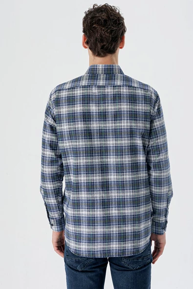 Koyu Vizon Uzun Kollu Ekoseli Bez Ayağı Düğmeli Yaka Cepli Pamuklu Comfort Fit Gömlek 1004235173 - Resim 4