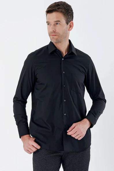 Siyah Uzun Kollu Bez Ayağı Sert Yaka Cepli Pamuklu Comfort Fit Rahat Kesim Gömlek 1004235351 - 3