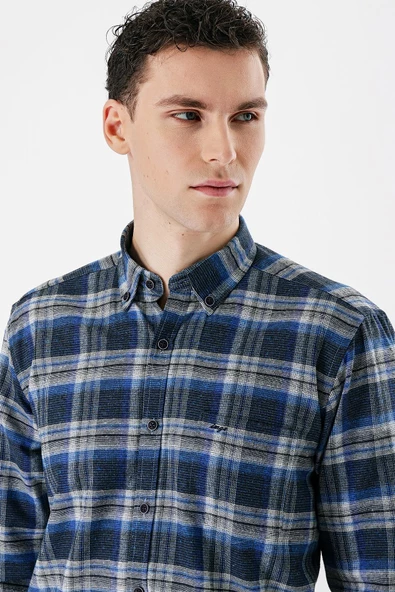 Koyu Lacivert Uzun Kollu Ekoseli Bez Ayağı Düğmeli Yaka Cepli Pamuklu Comfort Fit Gömlek 1004235173 - Resim 2