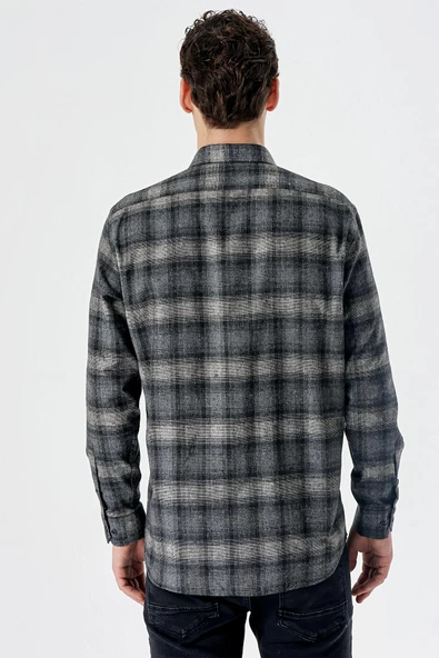 Mavi Uzun Kollu Ekoseli Bez Ayağı Düğmeli Yaka Cepli Pamuklu Comfort Fit Gömlek 1004235173 - Resim 6