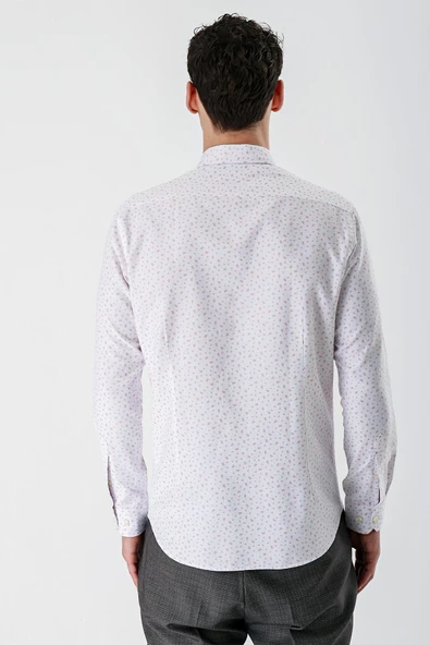 Ekru Uzun Kollu Baskılı Bez Ayağı Düğmeli Yaka Cepsiz Pamuklu Slim Fit Gömlek 1004235170 - Resim 6