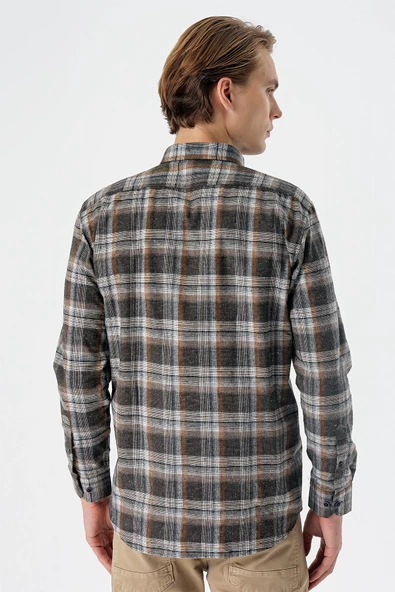 Gri Uzun Kollu Ekoseli Bez Ayağı Düğmeli Yaka Cepli Pamuklu Comfort Fit Gömlek 1004235173 - 4