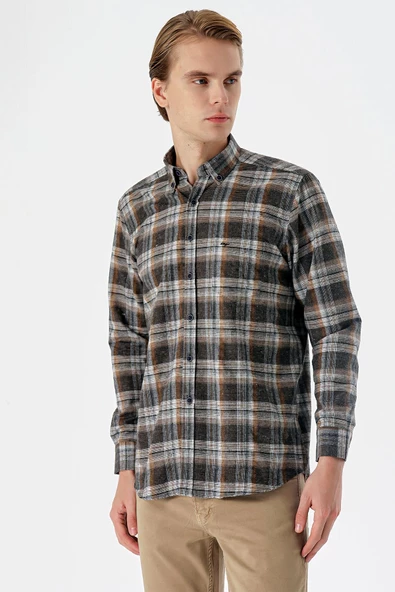 Gri Uzun Kollu Ekoseli Bez Ayağı Düğmeli Yaka Cepli Pamuklu Comfort Fit Gömlek 1004235173 - 3