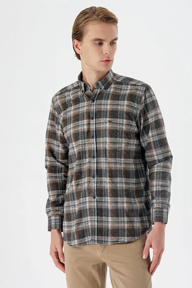 Gri Uzun Kollu Ekoseli Bez Ayağı Düğmeli Yaka Cepli Pamuklu Comfort Fit Gömlek 1004235173 - 5