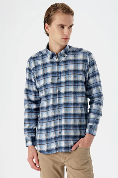 Vizon Uzun Kollu Ekoseli Bez Ayağı Düğmeli Yaka Cepli Pamuklu Comfort Fit Gömlek 1004235173 - Resim 2