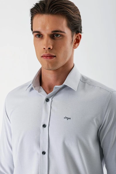 Gri Uzun Kollu Desenli Armürlü Sert Yaka Cepsiz Pamuklu Slim Fit Dar Kesim Gömlek 1004235171 - Resim 5