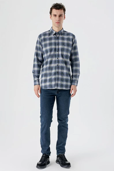 Koyu Vizon Uzun Kollu Ekoseli Bez Ayağı Düğmeli Yaka Cepli Pamuklu Comfort Fit Gömlek 1004235173 - Resim 6