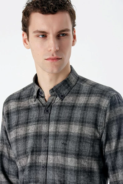 Mavi Uzun Kollu Ekoseli Bez Ayağı Düğmeli Yaka Cepli Pamuklu Comfort Fit Gömlek 1004235173 - Resim 5