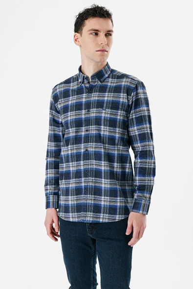 Koyu Lacivert Uzun Kollu Ekoseli Bez Ayağı Düğmeli Yaka Cepli Pamuklu Comfort Fit Gömlek 1004235173 - Resim 5