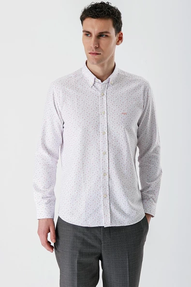 Ekru Uzun Kollu Baskılı Bez Ayağı Düğmeli Yaka Cepsiz Pamuklu Slim Fit Gömlek 1004235170 - Resim 3