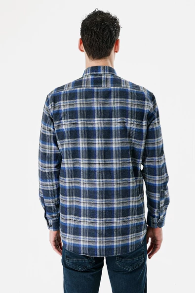 Koyu Lacivert Uzun Kollu Ekoseli Bez Ayağı Düğmeli Yaka Cepli Pamuklu Comfort Fit Gömlek 1004235173 - Resim 4