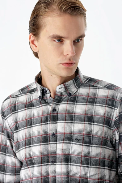 Vişne Uzun Kollu Ekoseli Bez Ayağı Düğmeli Yaka Cepli Pamuklu Comfort Fit Gömlek 1004235173 - Resim 6