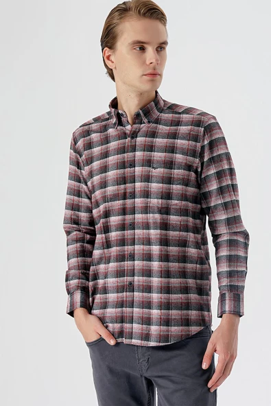 Bordo Uzun Kollu Ekoseli Bez Ayağı Düğmeli Yaka Cepli Pamuklu Comfort Fit Gömlek 1004235173 - Resim 2