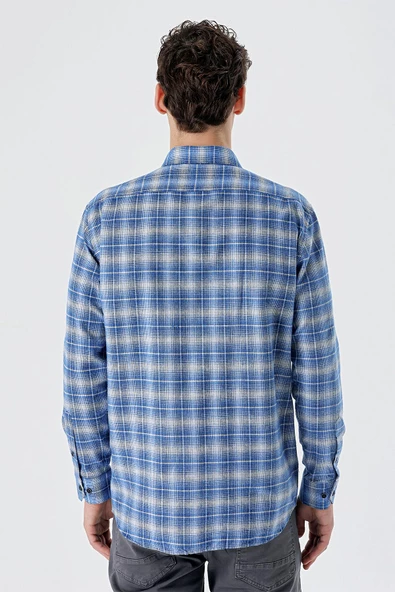 Siyah Uzun Kollu Ekoseli Bez Ayağı Düğmeli Yaka Cepli Pamuklu Comfort Fit Gömlek 1004235173 - Resim 6