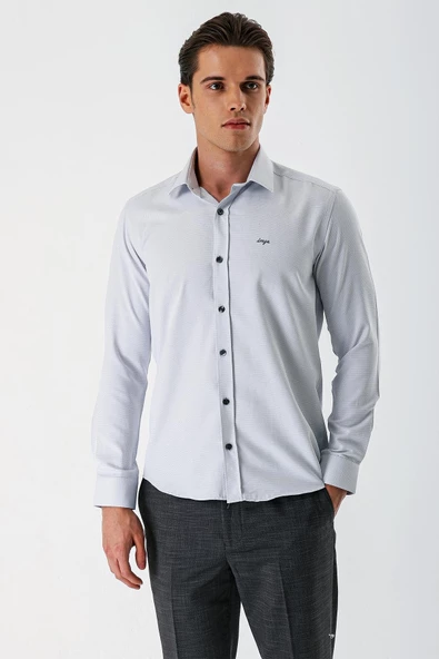 Gri Uzun Kollu Desenli Armürlü Sert Yaka Cepsiz Pamuklu Slim Fit Dar Kesim Gömlek 1004235171