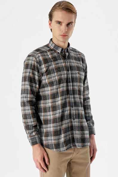 Gri Uzun Kollu Ekoseli Bez Ayağı Düğmeli Yaka Cepli Pamuklu Comfort Fit Gömlek 1004235173