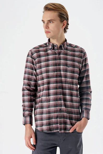 Bordo Uzun Kollu Ekoseli Bez Ayağı Düğmeli Yaka Cepli Pamuklu Comfort Fit Gömlek 1004235173 - Resim 3