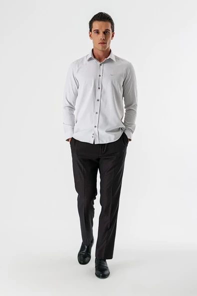 Açık Bej Uzun Kollu Desenli Armürlü Sert Yaka Cepsiz Pamuklu Slim Fit Dar Kesim Gömlek 1004235171 - Resim 5