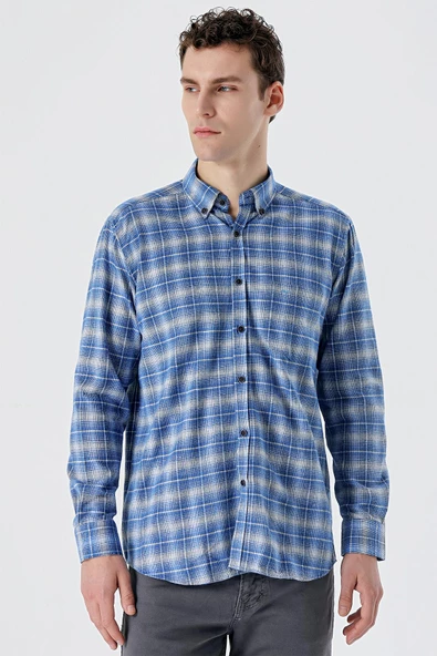 Siyah Uzun Kollu Ekoseli Bez Ayağı Düğmeli Yaka Cepli Pamuklu Comfort Fit Gömlek 1004235173 - Resim 4