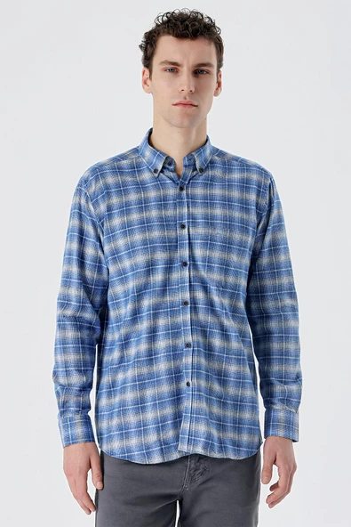 Siyah Uzun Kollu Ekoseli Bez Ayağı Düğmeli Yaka Cepli Pamuklu Comfort Fit Gömlek 1004235173 - Resim 3